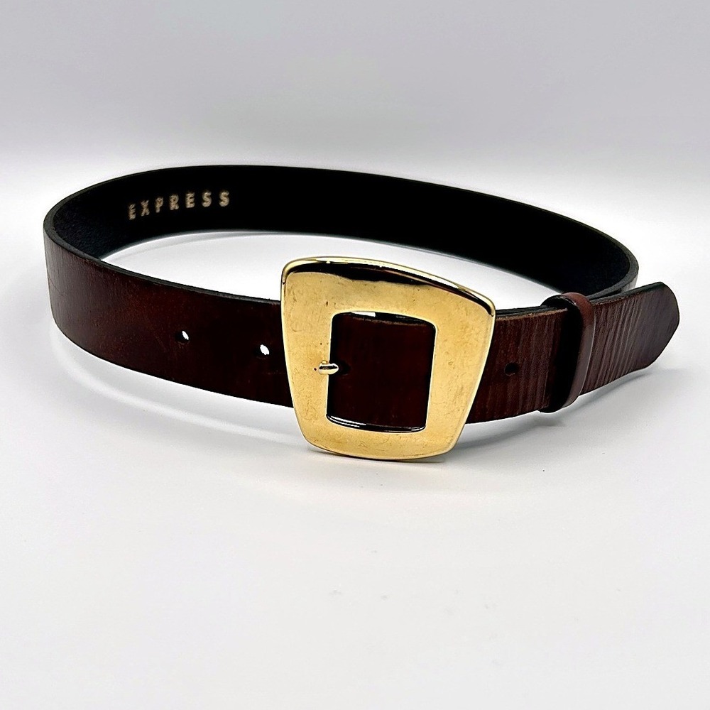 Express Italian Leather Belt Gold Asymmetrical Buckle Brown Small Made in USA